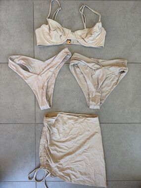 Riot Swim Cream Multi-Piece Bikini Set with Ruched Skirt